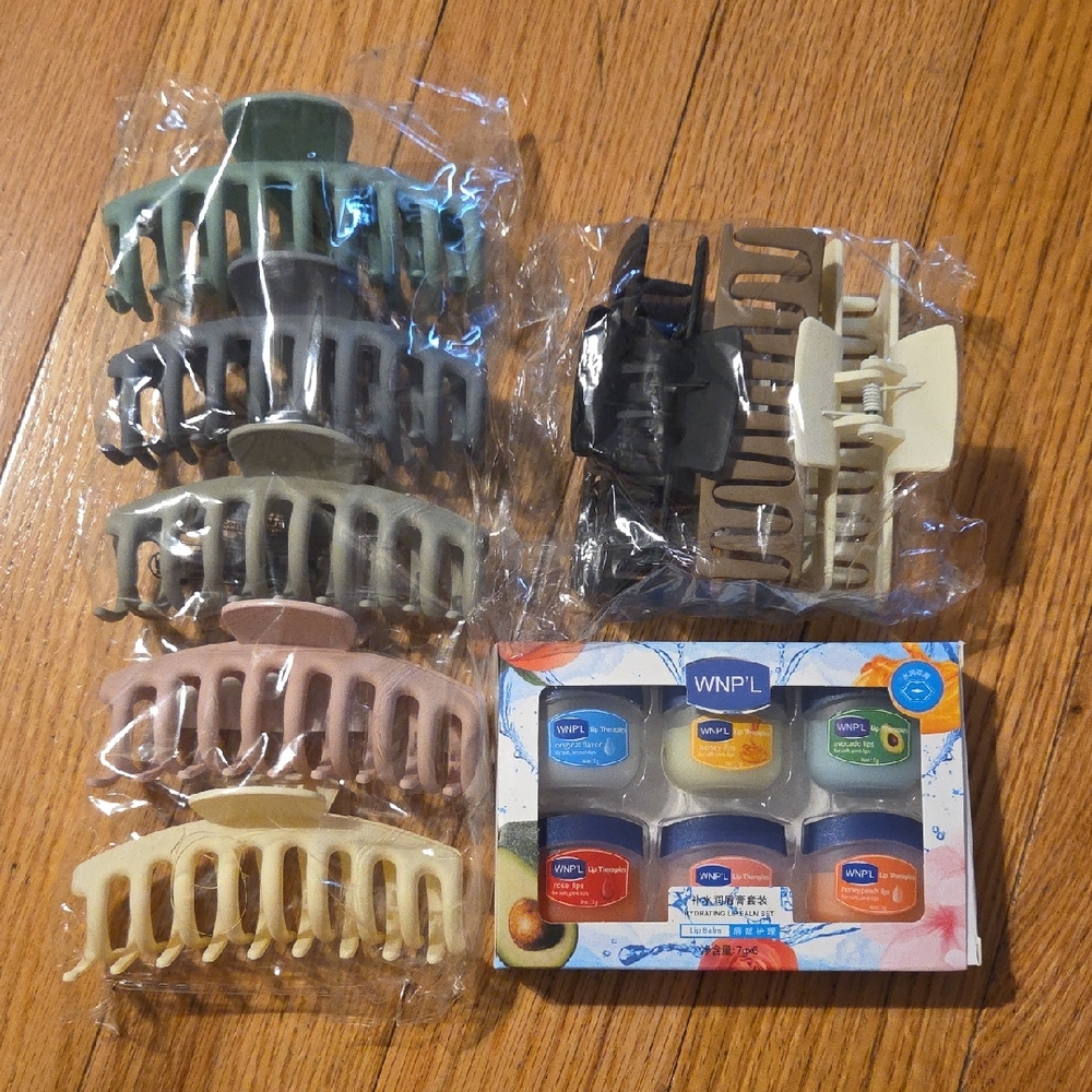 Set of Six Multicolor Hair Claw Clips And Unused Lip Balm